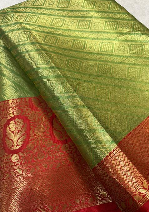 Green Brocade Pre Draped Saree Set