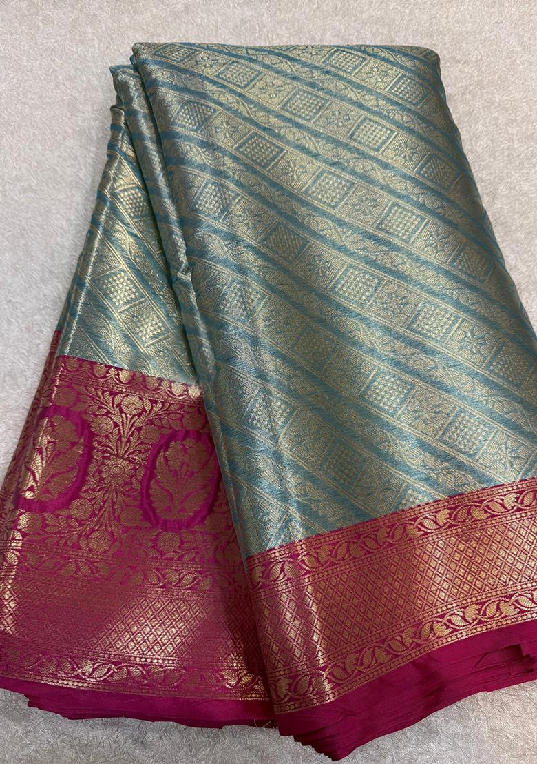 Teal Green Brocade Pre Draped Saree Set