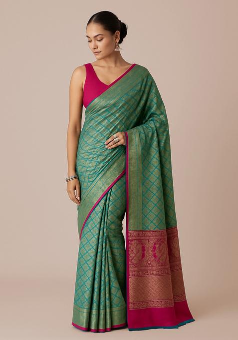 Teal Green Brocade Pre Draped Saree Set