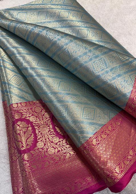 Teal Green Brocade Pre Draped Saree Set