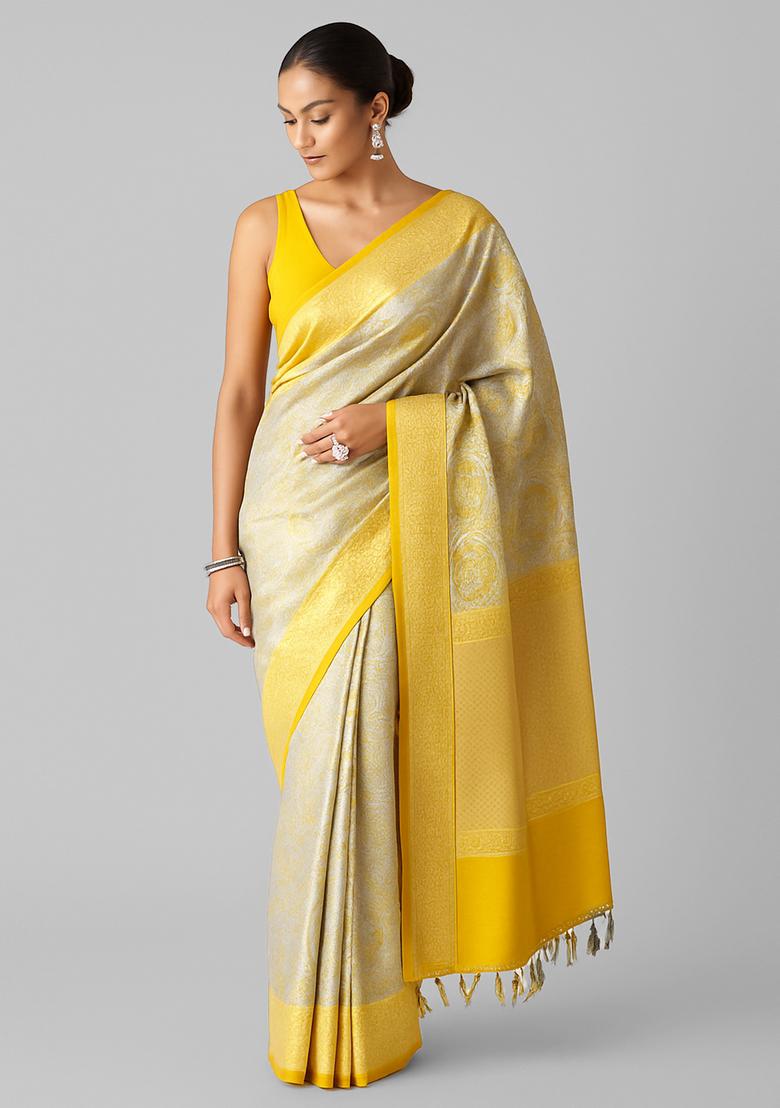 Yellow Brocade Pre Draped Saree Set
