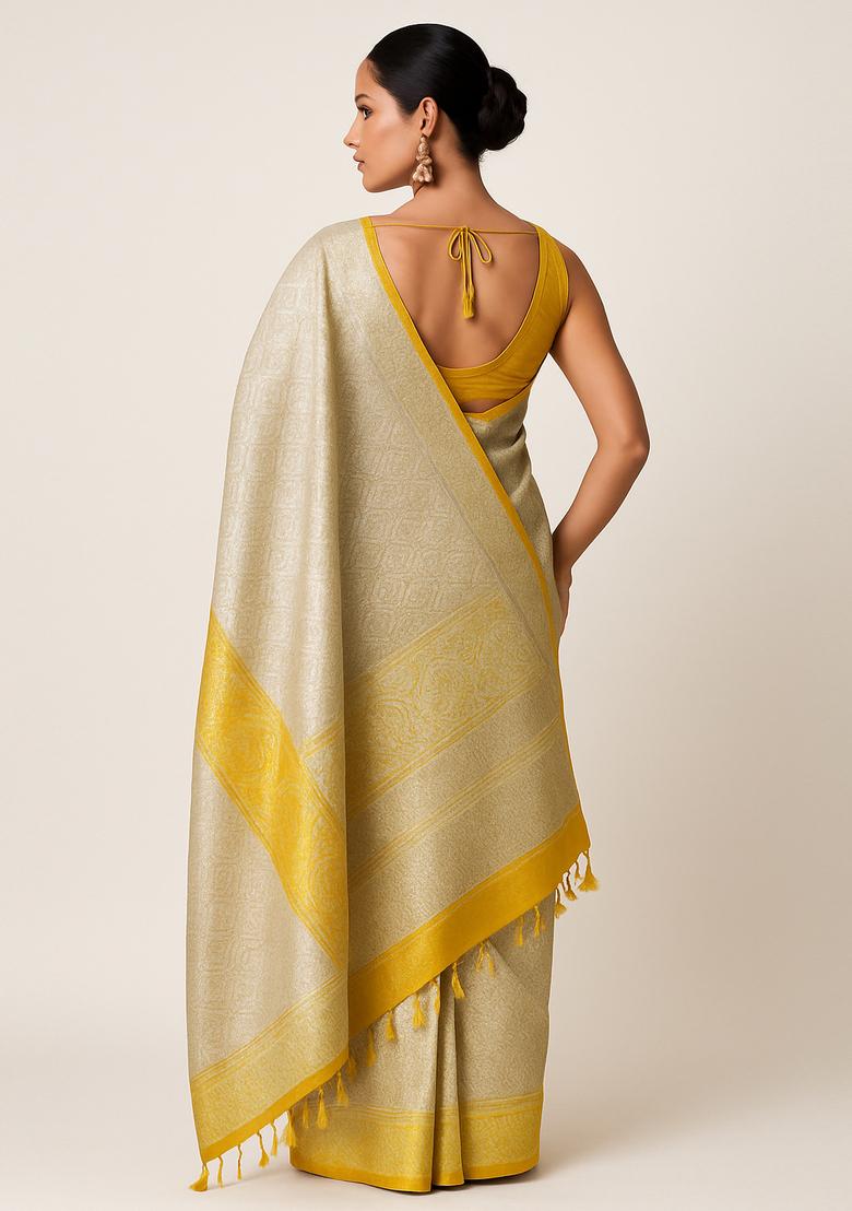 Yellow Brocade Pre Draped Saree Set