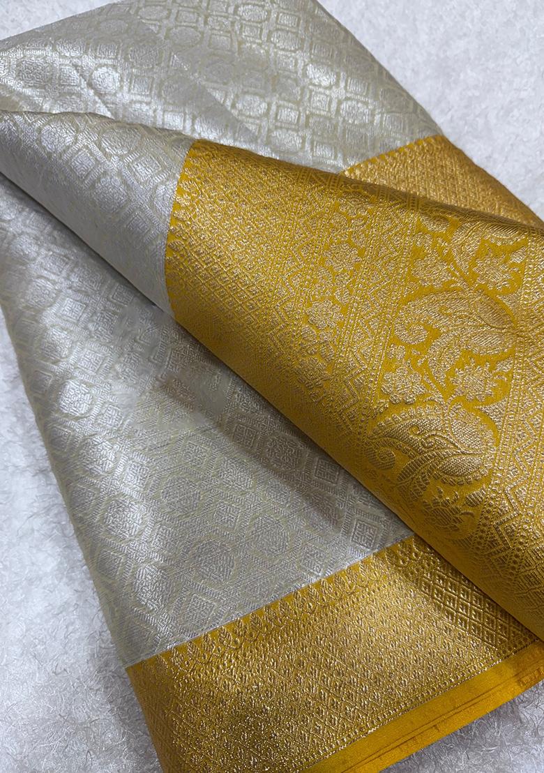 Yellow Brocade Pre Draped Saree Set