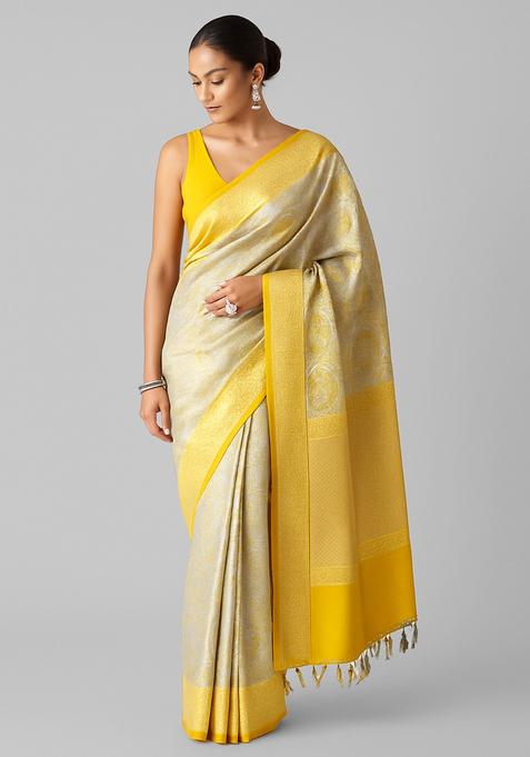 Yellow Brocade Pre Draped Saree Set