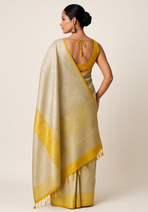 Yellow Brocade Pre Draped Saree Set