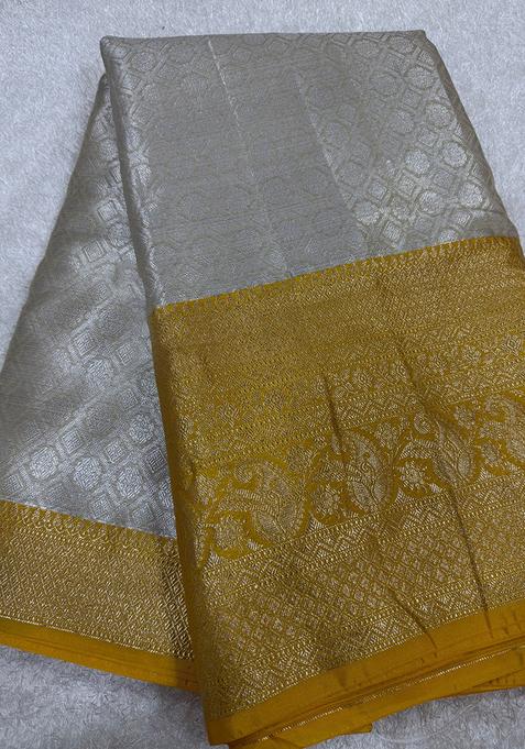 Yellow Brocade Pre Draped Saree Set