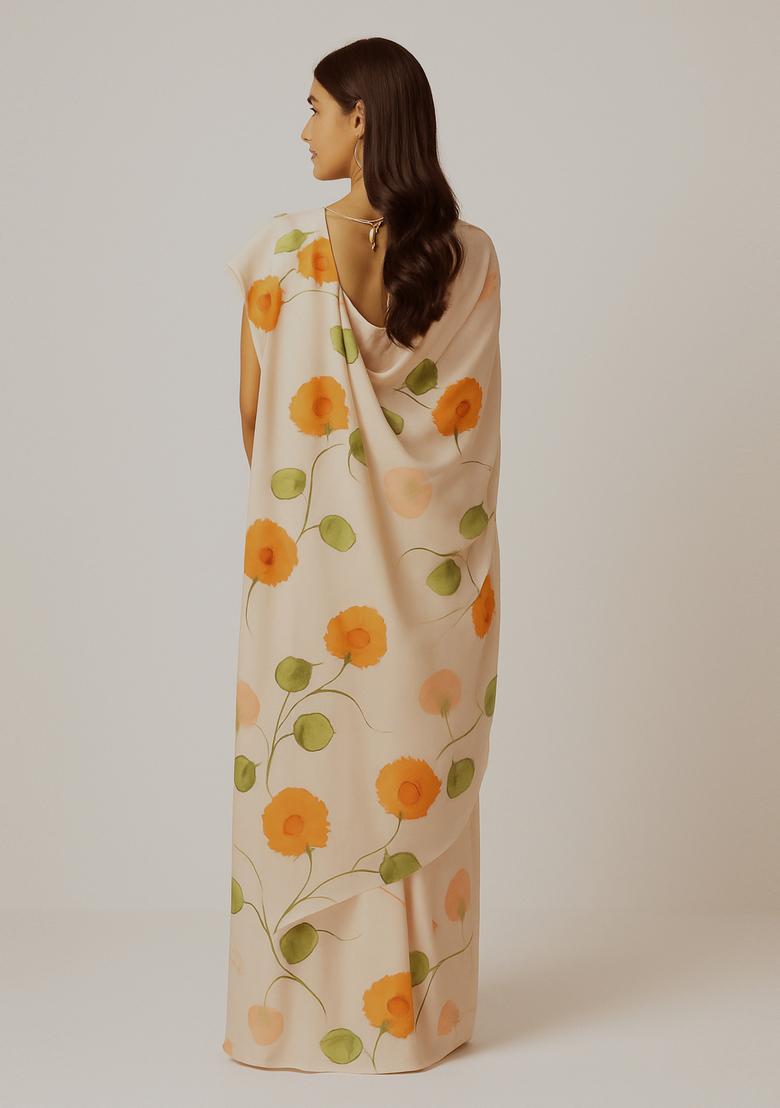 White Printed Georgette Pre Draped Saree Set