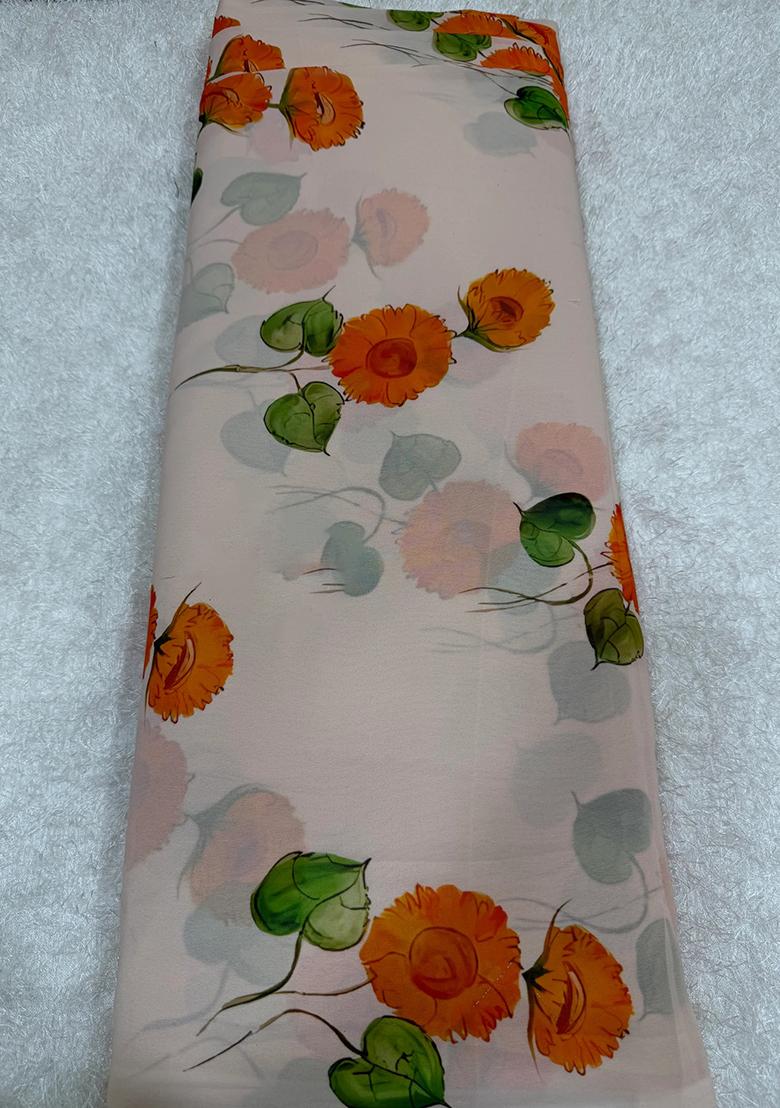 White Printed Georgette Pre Draped Saree Set