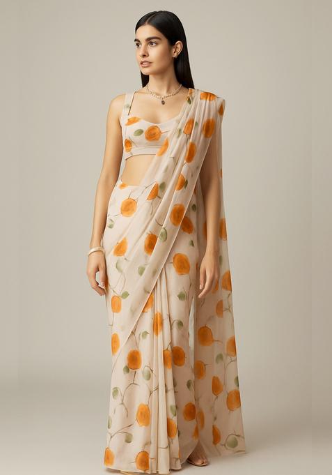 White Printed Georgette Pre Draped Saree Set