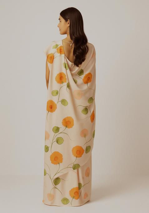 White Printed Georgette Pre Draped Saree Set