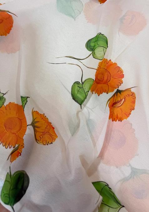 White Printed Georgette Pre Draped Saree Set