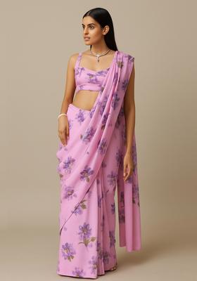 Lilac Printed Georgette Pre Draped Saree Set