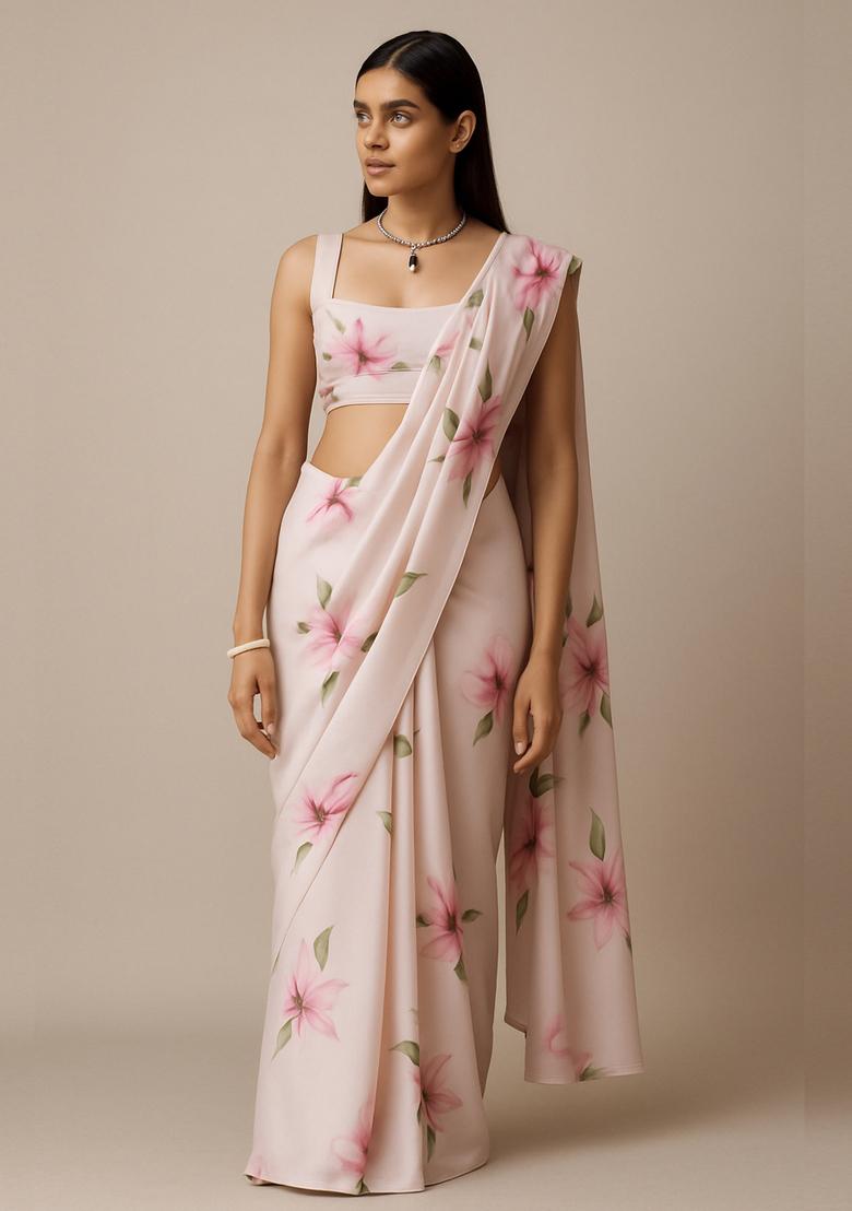 Pink Printed Georgette Pre Draped Saree Set