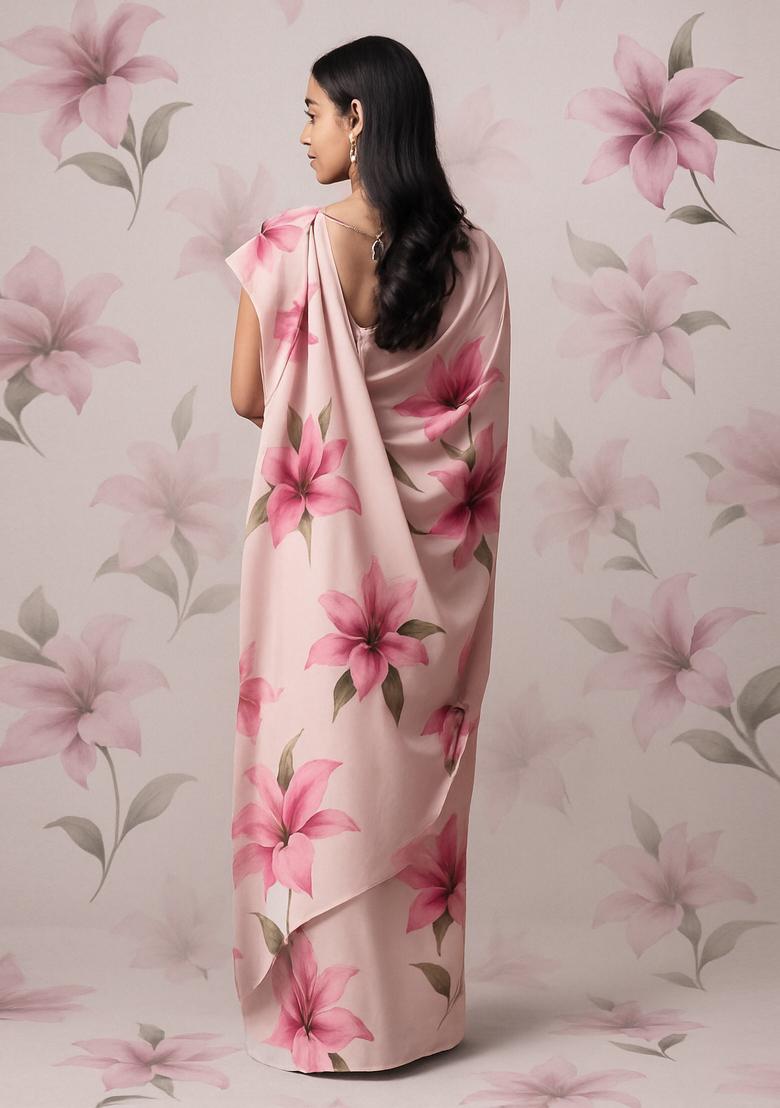 Pink Printed Georgette Pre Draped Saree Set