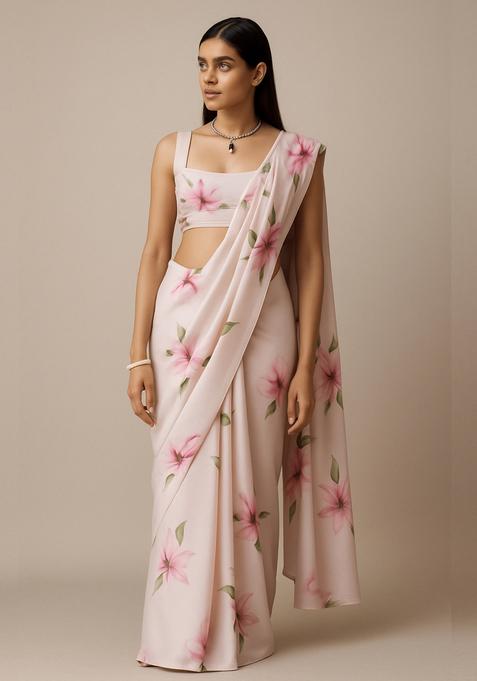 Pink Printed Georgette Pre Draped Saree Set