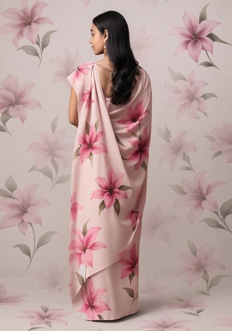 Pink Printed Georgette Pre Draped Saree Set