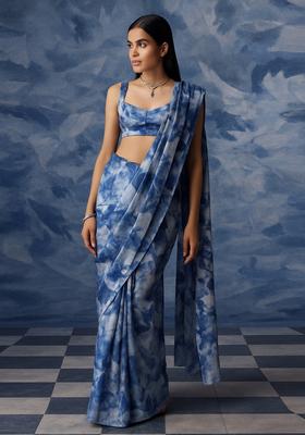 Navy Blue Printed Georgette Pre Draped Saree Set