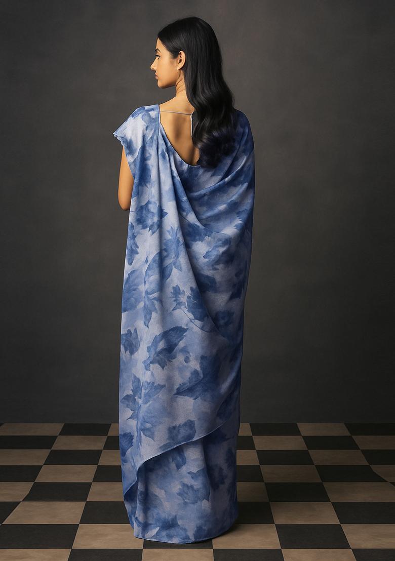 Navy Blue Printed Georgette Pre Draped Saree Set
