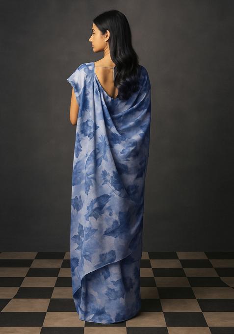 Navy Blue Printed Georgette Pre Draped Saree Set