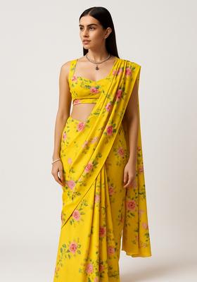 Yellow Printed Georgette Pre Draped Saree Set