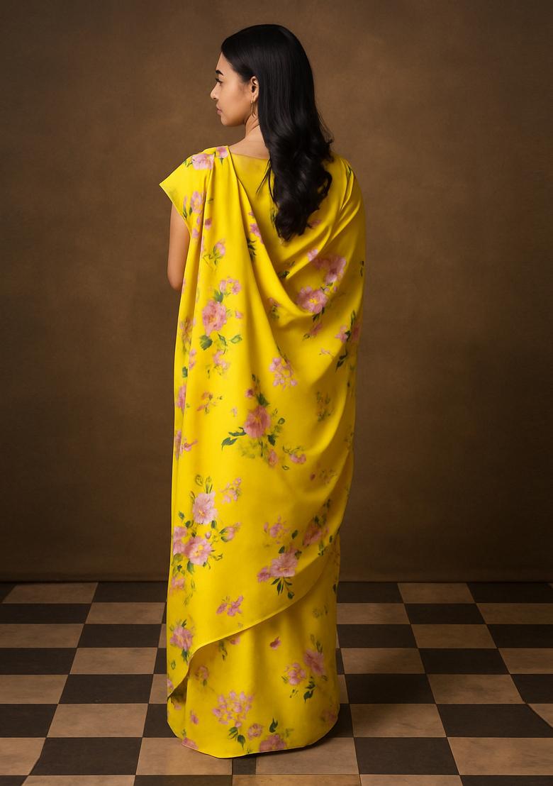 Yellow Printed Georgette Pre Draped Saree Set