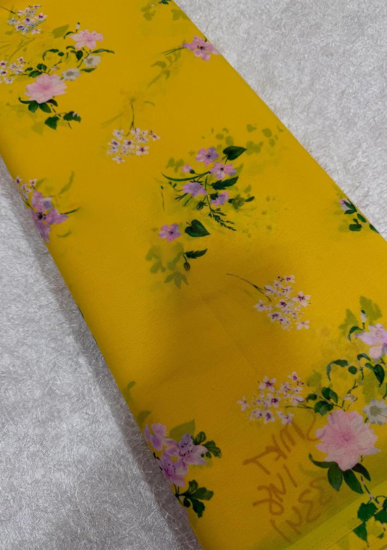 Yellow Printed Georgette Pre Draped Saree Set