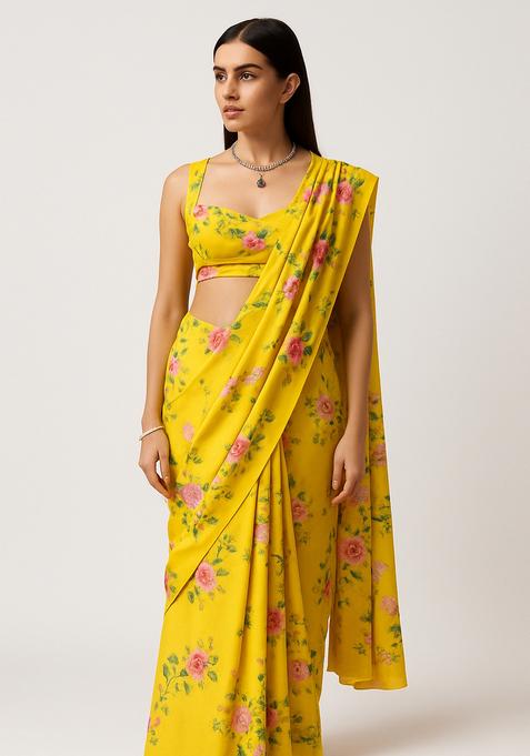 Yellow Printed Georgette Pre Draped Saree Set