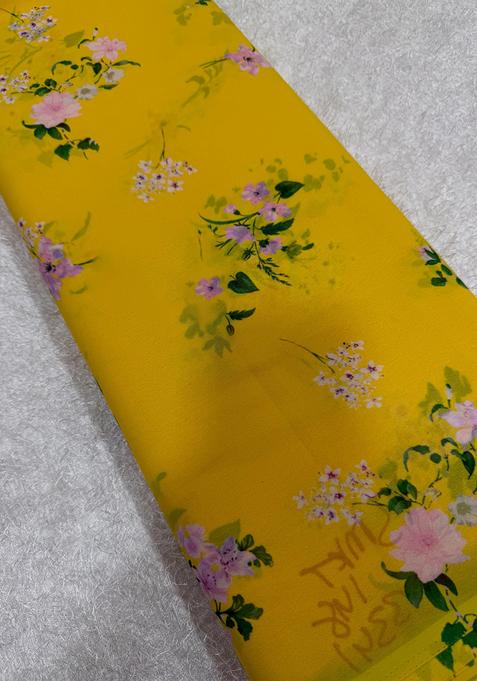 Yellow Printed Georgette Pre Draped Saree Set