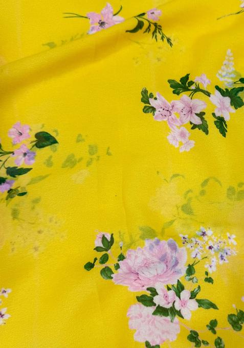 Yellow Printed Georgette Pre Draped Saree Set