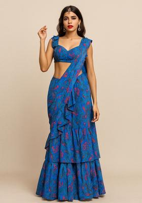 Royal Blue Printed Georgette Pre Draped Saree Set