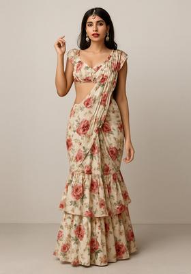 Cream Printed Georgette Pre Draped Saree Set