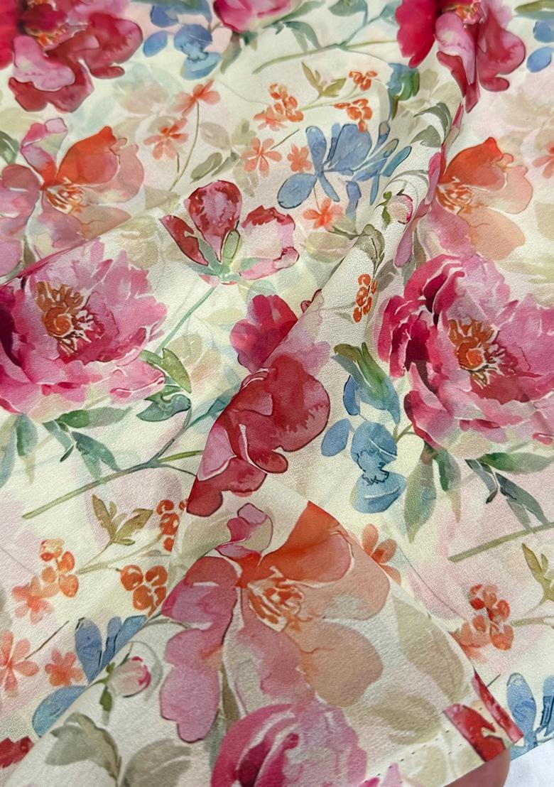 Peach Printed Georgette Pre Draped Saree Set