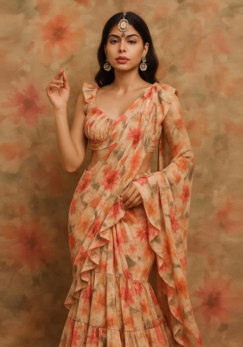 Peach Printed Georgette Pre Draped Saree Set
