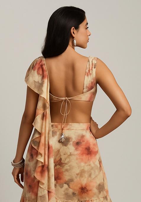 Peach Printed Georgette Pre Draped Saree Set