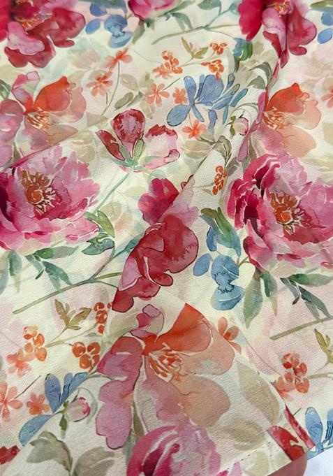 Peach Printed Georgette Pre Draped Saree Set