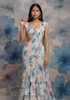 White Printed Georgette Pre Draped Saree Set
