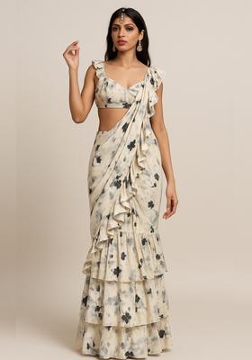 White Printed Georgette Pre Draped Saree Set