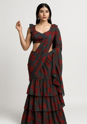 Grey Printed Georgette Pre Draped Saree Set