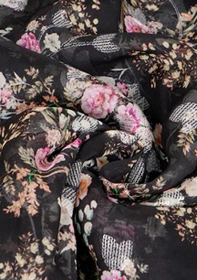 Black Printed Organza Pre Draped Saree Set - Indya