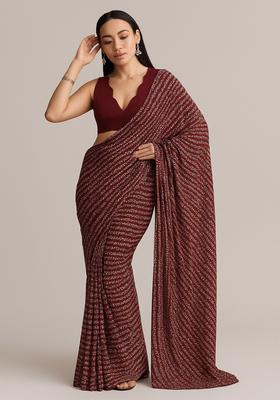Maroon Sequin Embroidered Georgette Pre Draped Saree Set