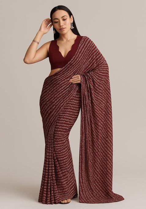 Maroon Sequin Embroidered Georgette Pre Draped Saree Set