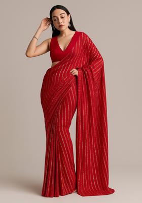 Red Sequin Embroidered Georgette Pre Draped Saree Set