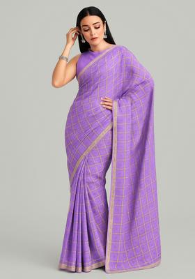 Purple Embroidered Georgette Pre Draped Saree Set