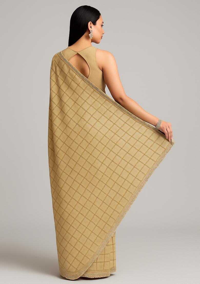 Beige Embroidered Georgette Pre Draped Saree Set - Indya