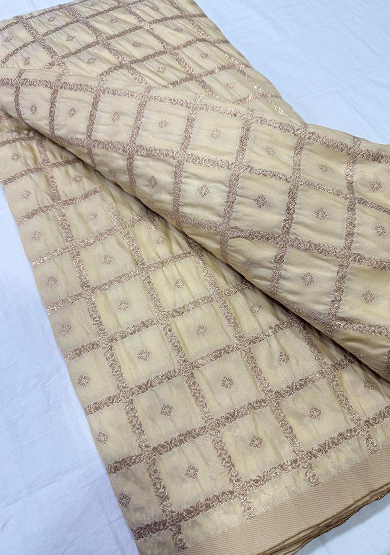 Beige Embroidered Georgette Pre Draped Saree Set - Indya