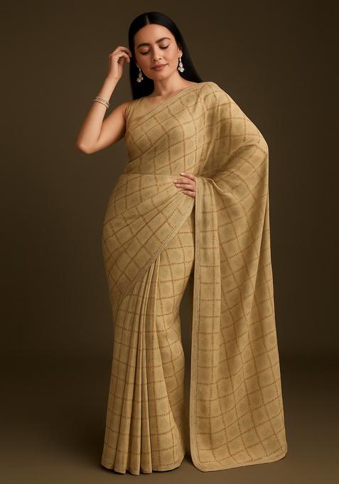 Beige Embroidered Georgette Pre Draped Saree Set