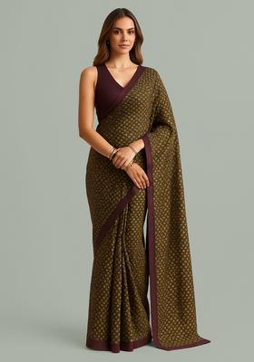 Brown Jacquard Brocade Pre Draped Saree Set