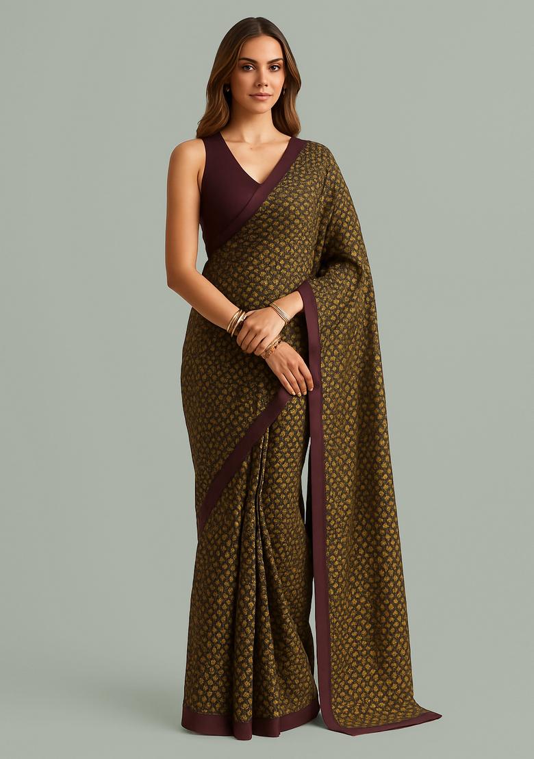 Brown Brocade Pre Draped Saree Set