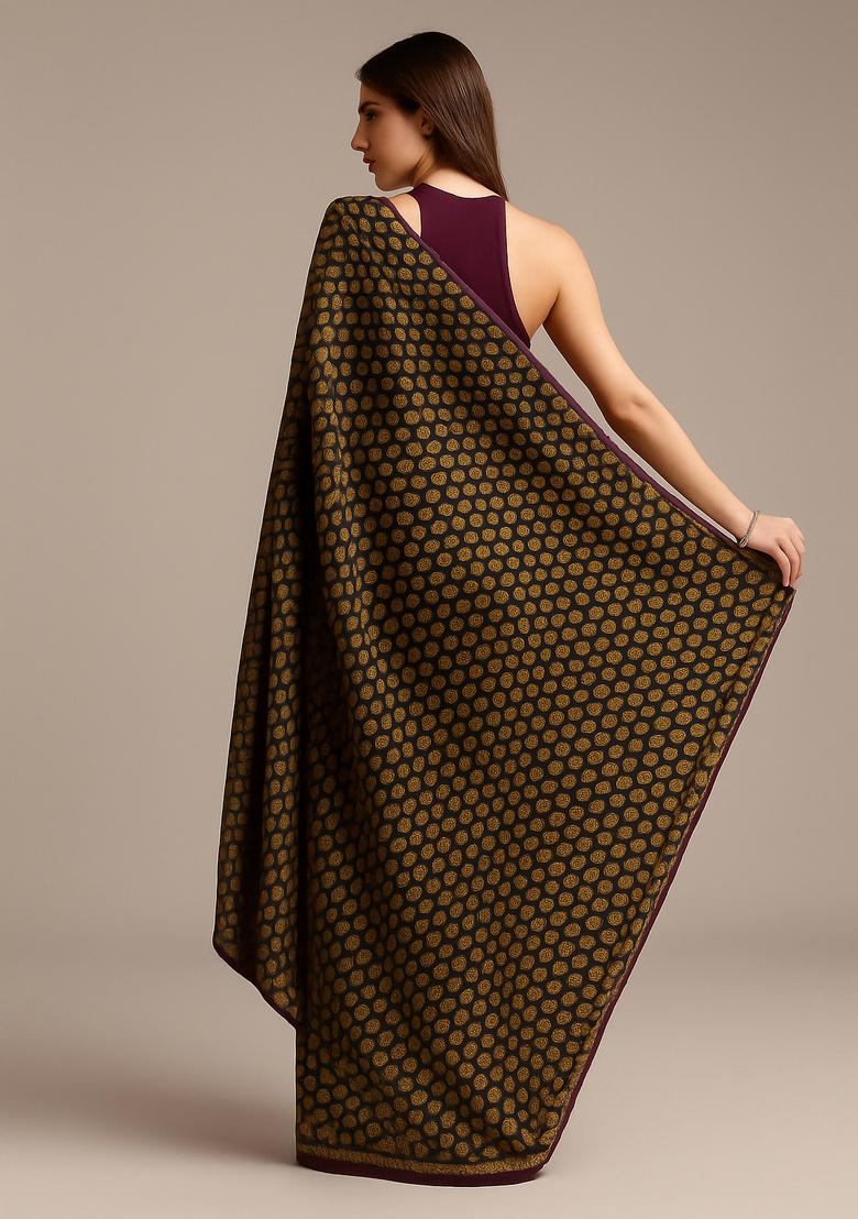 Brown Brocade Pre Draped Saree Set