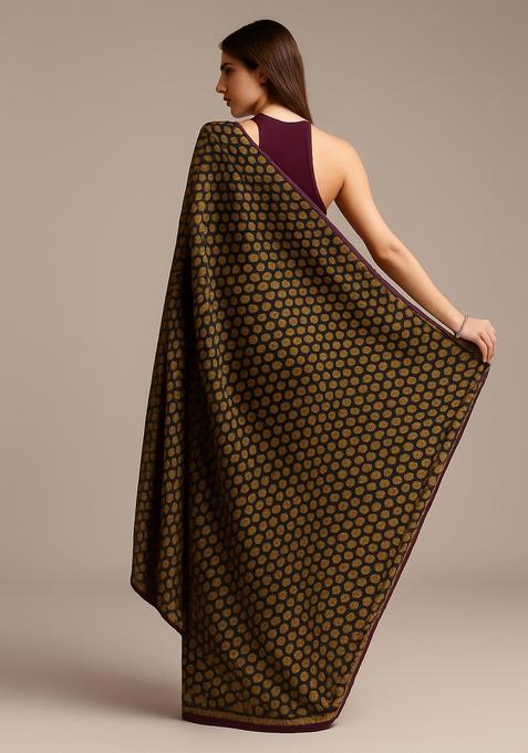 Brown Brocade Pre Draped Saree Set